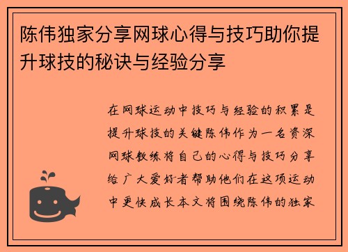 陈伟独家分享网球心得与技巧助你提升球技的秘诀与经验分享