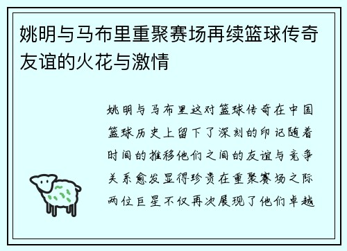 姚明与马布里重聚赛场再续篮球传奇友谊的火花与激情